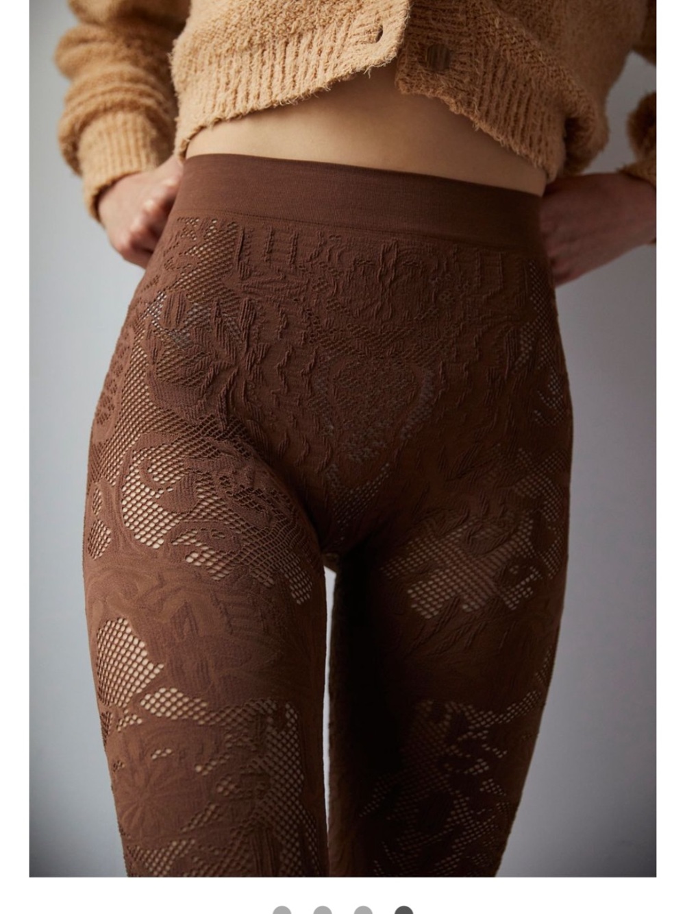 Textured Brown High-Waist Women's lace Leggings - Picture 2 of 4